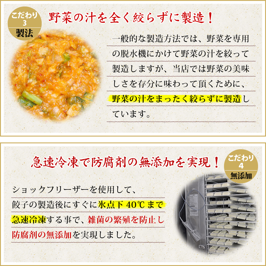 こだわり３ 製法　野菜の汁を全く絞らずに製造！　こだわり４ 無添加　急速冷凍で防腐剤の無添加を実現！