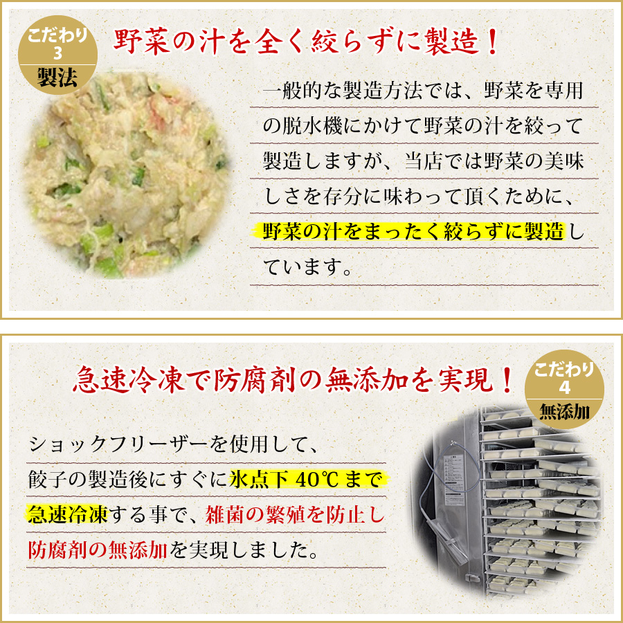 こだわり３ 製法　野菜の汁を全く絞らずに製造！　こだわり４ 無添加　急速冷凍で防腐剤の無添加を実現！